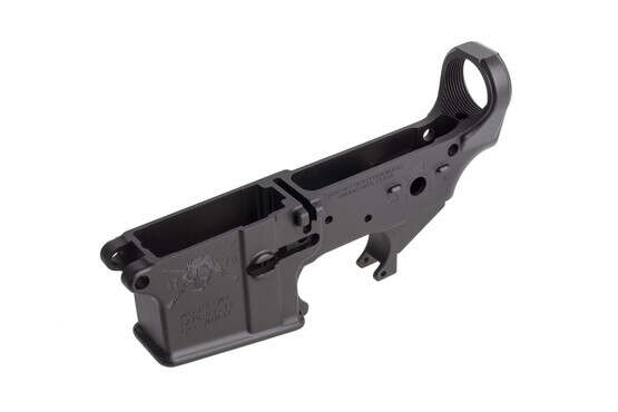 SoLGW stripped aR-15 lower receiver features the Angry Patriot logo on the left hand side of the magazine well